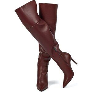 Womens Burgundy Faux Leather Ponited Toe Zipper up Thigh High Stiletto Heel Boot